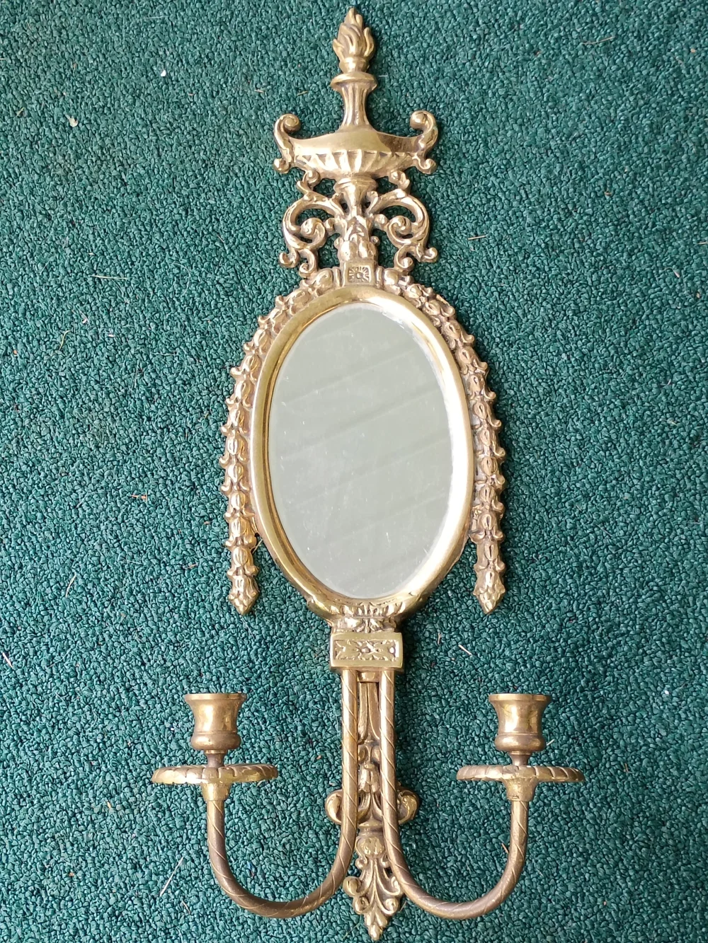 Ornate Gold Oval Wall Mirror with Twin Candle Holders